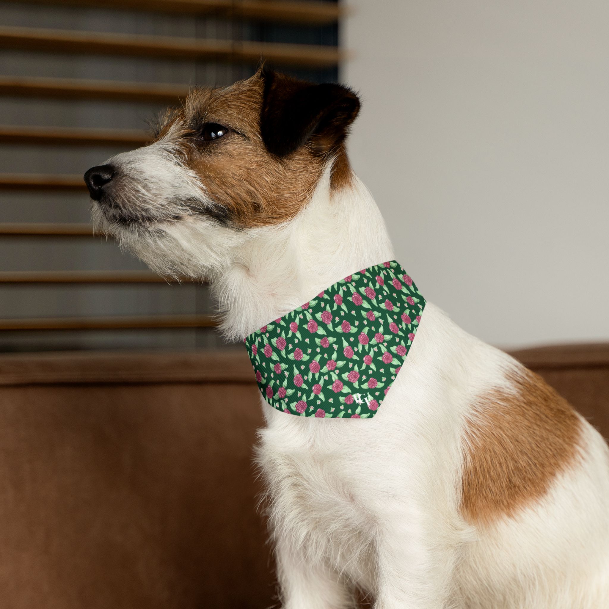 Pet Bandana Collar in Green Rose Print