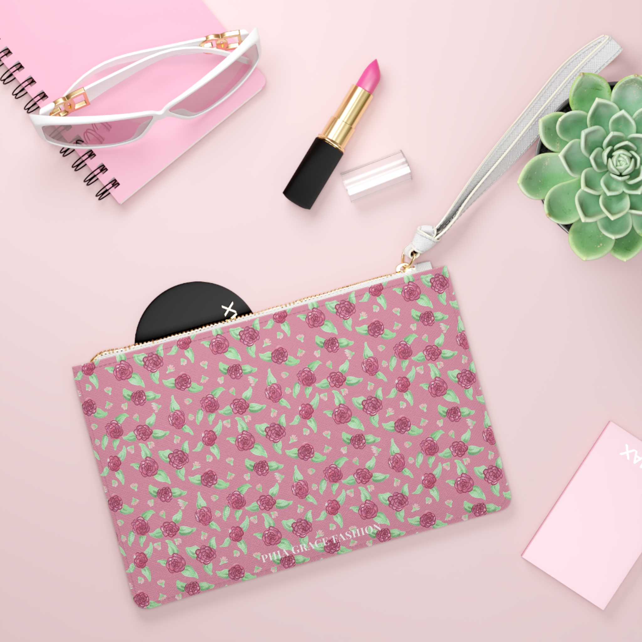 Clutch Bag in Pink Rose Print