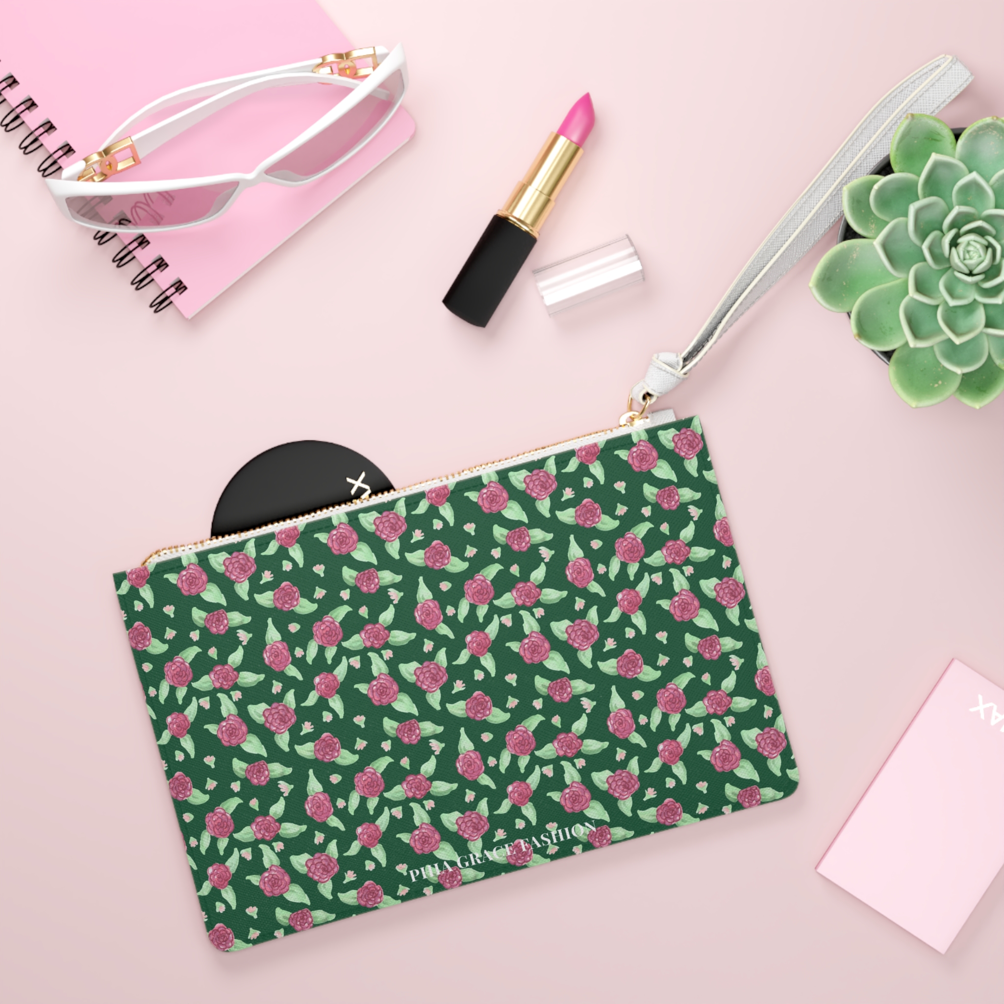 Clutch Bag in Green Rose Print