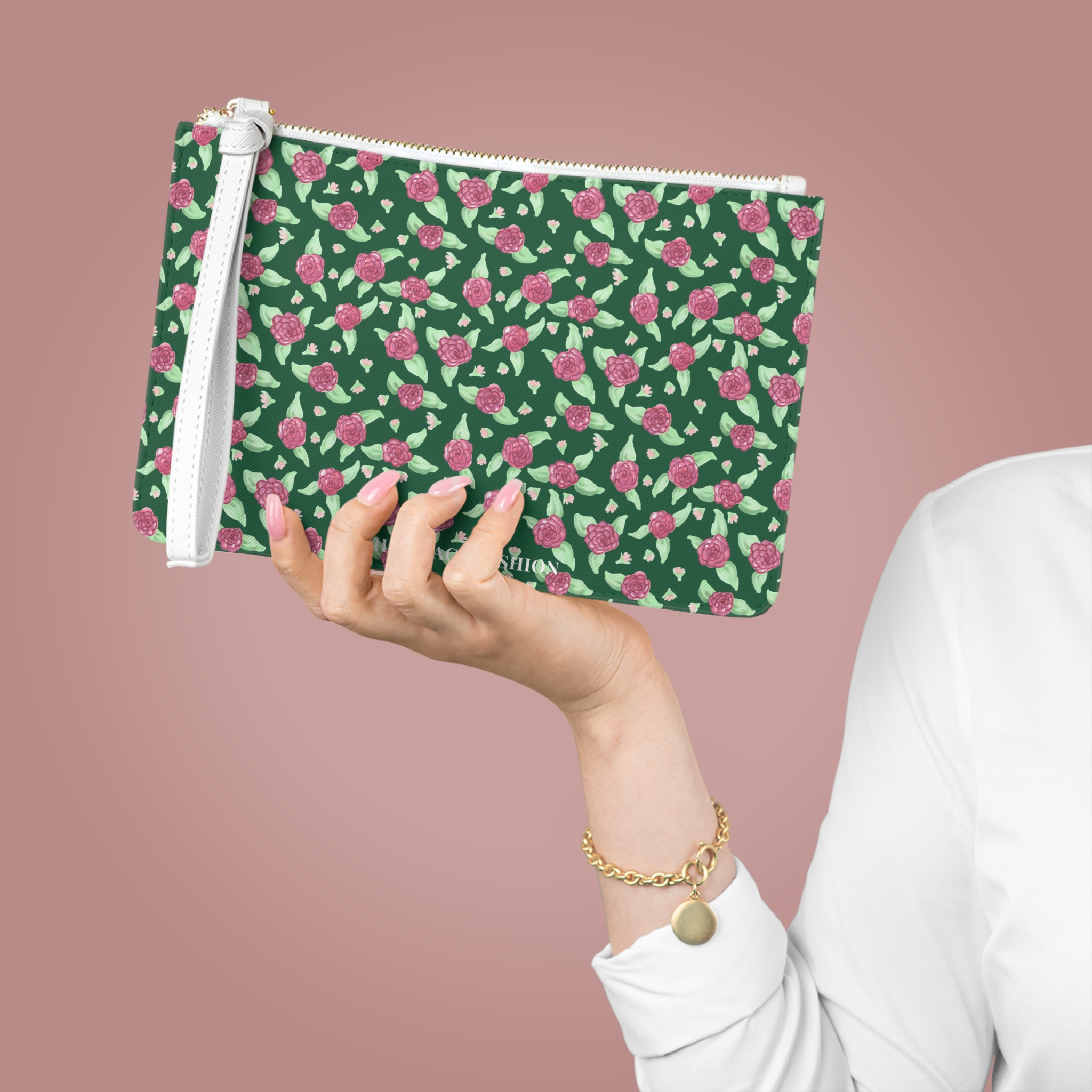 Clutch Bag in Green Rose Print