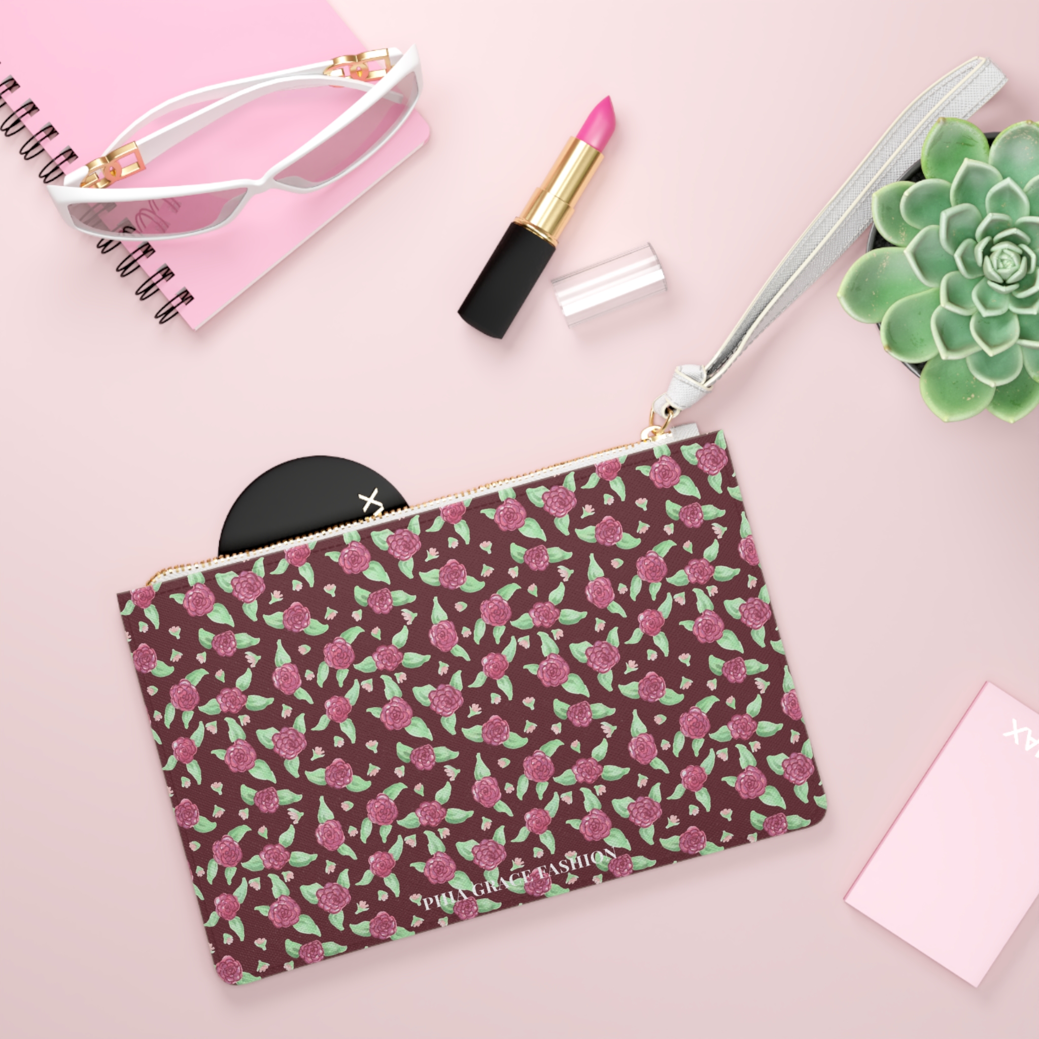 Clutch Bag in Maroon Rose Print