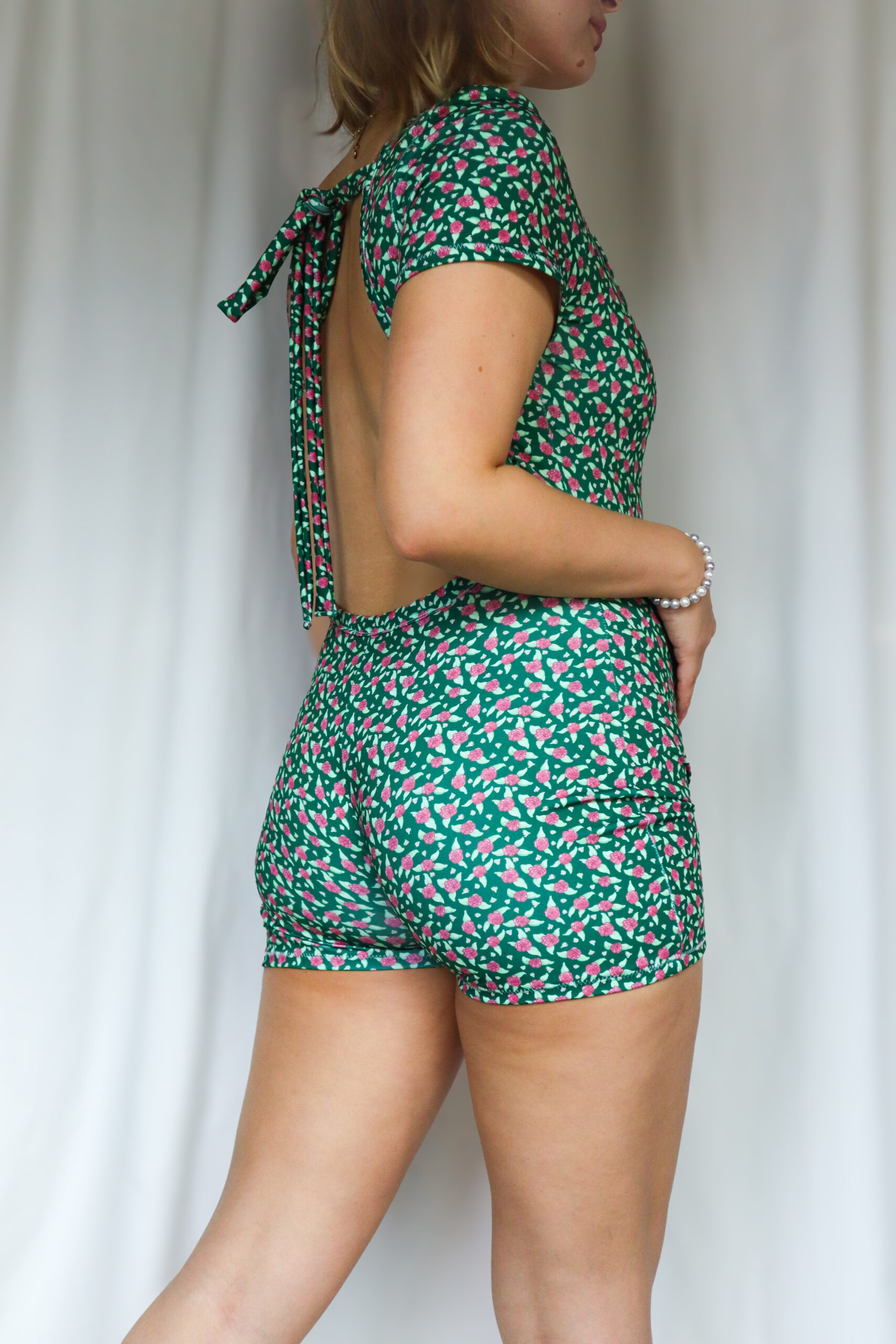 Romper in Green Rose Print