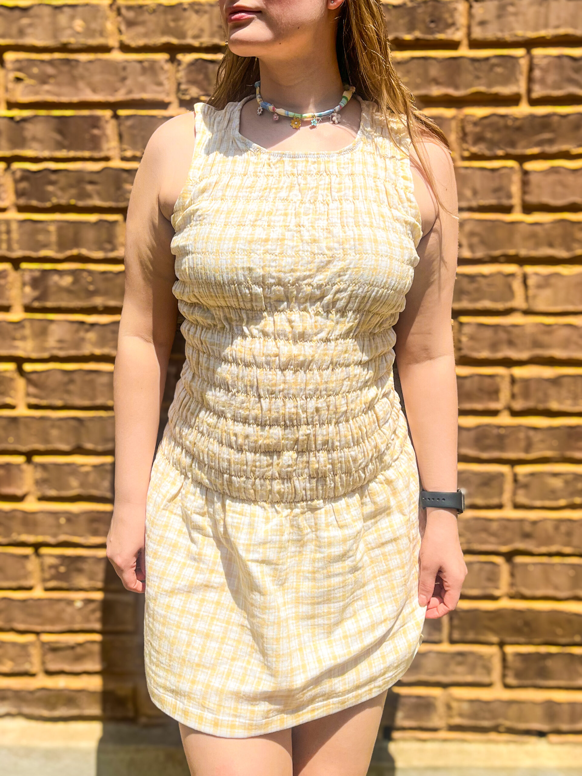 Gathered Tank Dress in Yellow Plaid Print