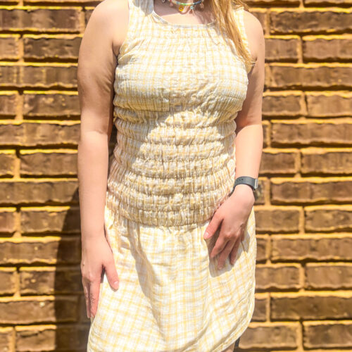 Gathered Tank Dress in Yellow Plaid Print