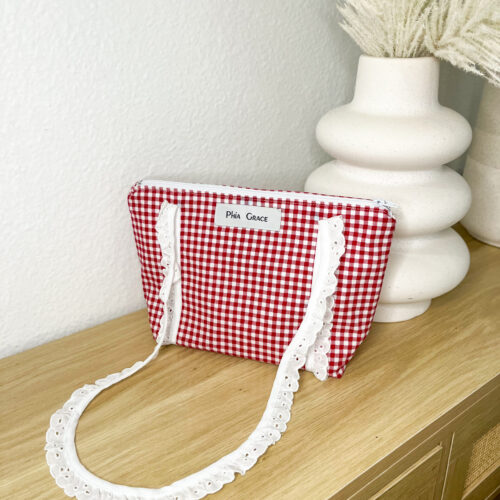 Lace Strap Shoulder Bag in Red Gingham Print