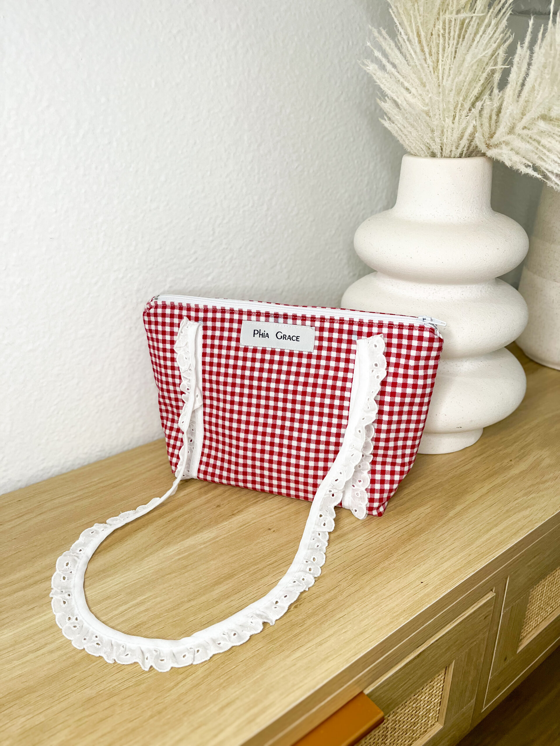 Lace Strap Shoulder Bag in Red Gingham Print
