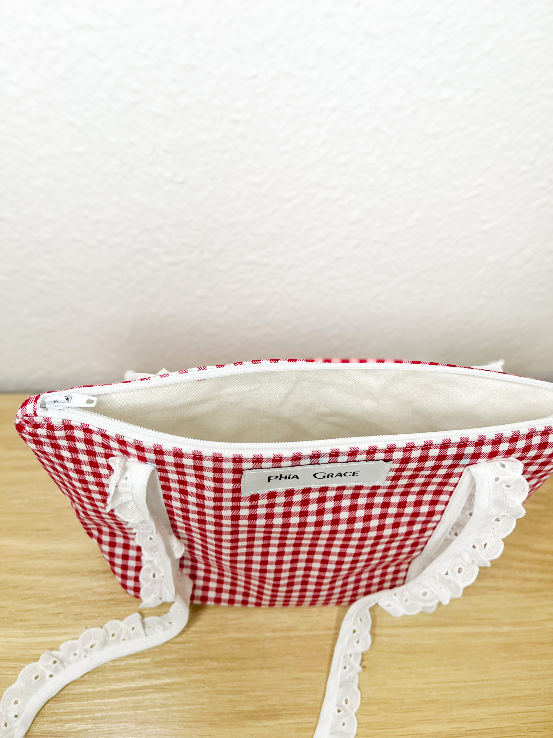 Lace Strap Shoulder Bag in Red Gingham Print