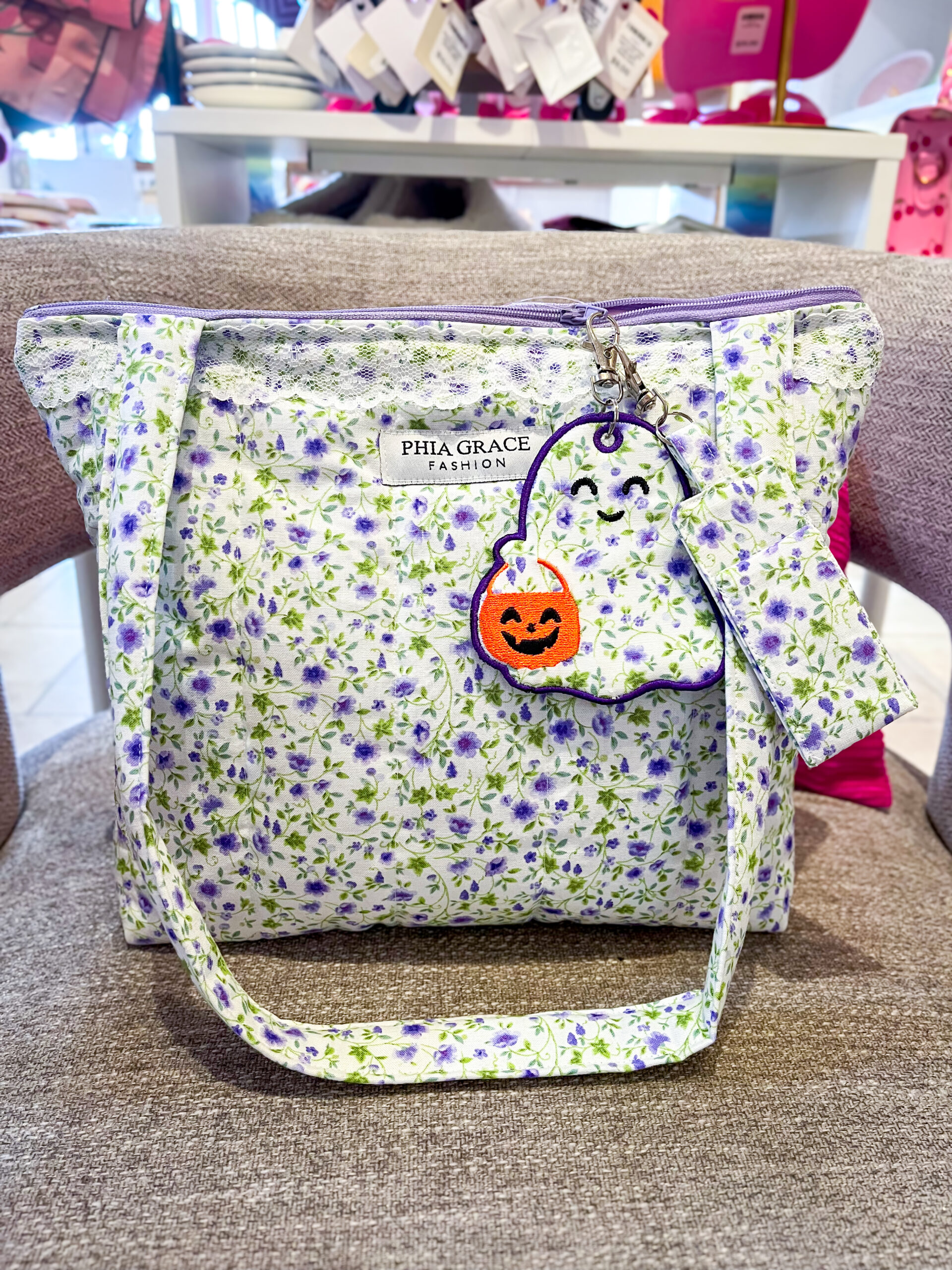 Embroidered Ghost Keychain With Bow